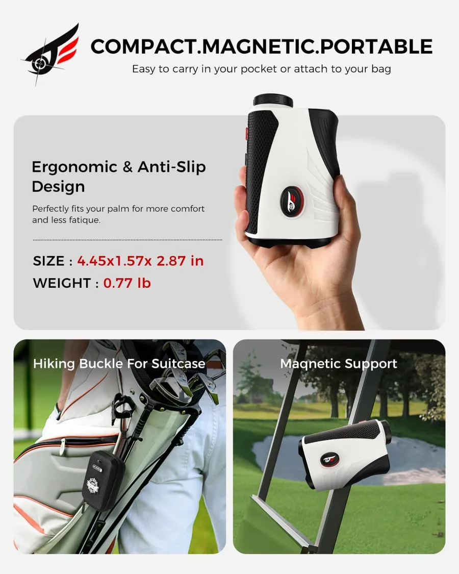 Compact VyKure magnetic golf rangefinder in hand and attached to a golf cart