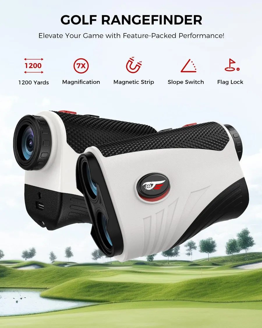 VyKure golf rangefinder features: 1200 yards, 7X, magnetic strip, slope switch, flag lock