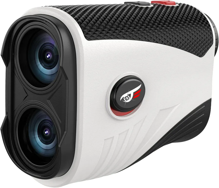 VyKure white golf rangefinder with slope switch and flag lock, front view