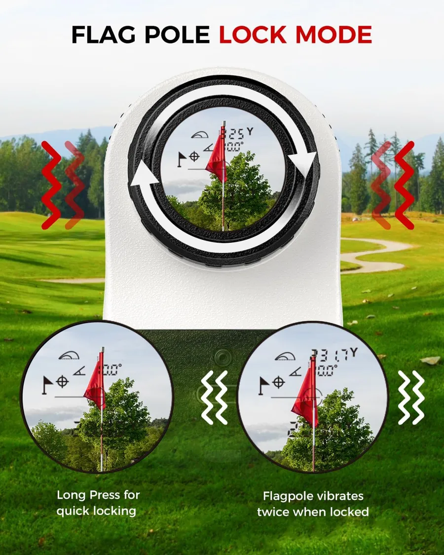 VyKure rangefinder flag lock with pulse vibration confirming the pin