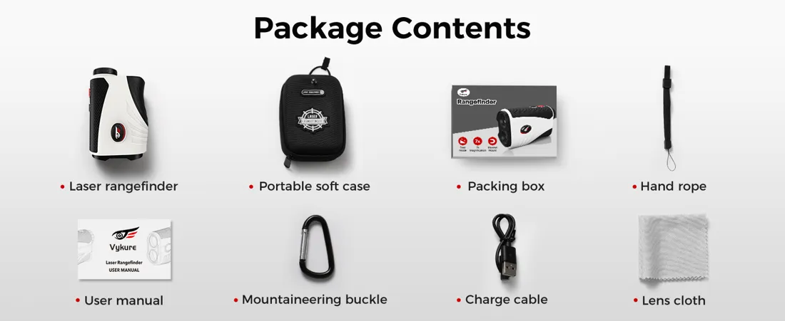 VyKure golf rangefinder package contents: soft case, hand rope, manual, carabiner, USB cable, lens cloth